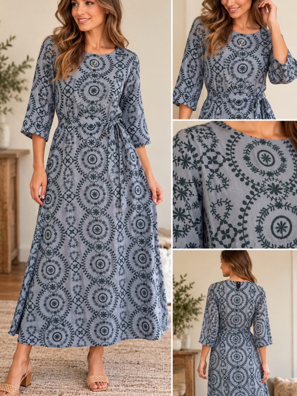 ZARA BLUE GREEN EMBROIDERED MIDI TUNIC DRESS WITH BELT SIZE XS